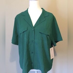 Athleta Sz Small Petite Green Textured Short Sleeve Blouse Womens Button Down